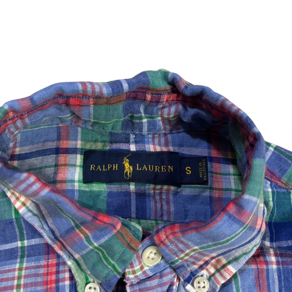 Ralph Lauren Mens S Short Sleeve 100% Linen Plaid Button Down‎ Shirt Blue Green